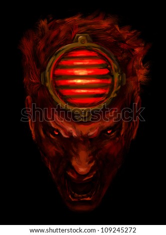 Monster face. Fantasy monster\'s head over a dark background. Digital loosely painting.