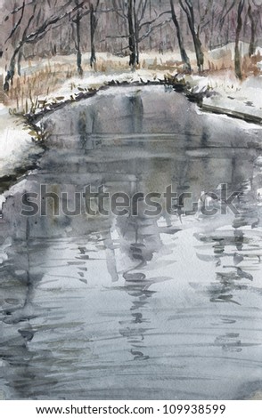 Reflections in the river. Reflections of the trees in a small winter river. Landscape. Watercolor impressionism.