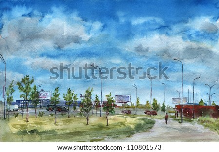 City landscape. Urban landscape near a highway. Cloudy sky. Watercolor painting.