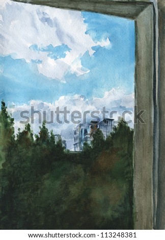 From the window. Urban landscape. Looking through the window. Cloudy sky. Watercolor painting.