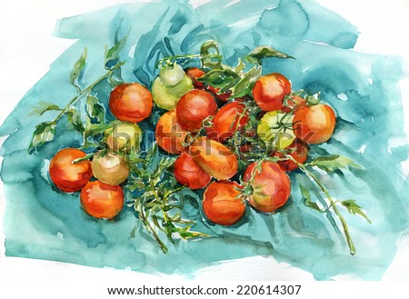 Watercolor tomatoes. Tomatoes on a piece of turquoise fabric. Watercolor painting, still life.
