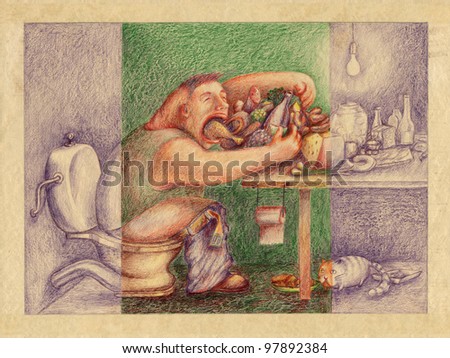 Mammal essence. Humorous illustration, a big fat man eats a lot while sitting on the toilet at the table full of food. Colored pencil over rough cardboard paper.