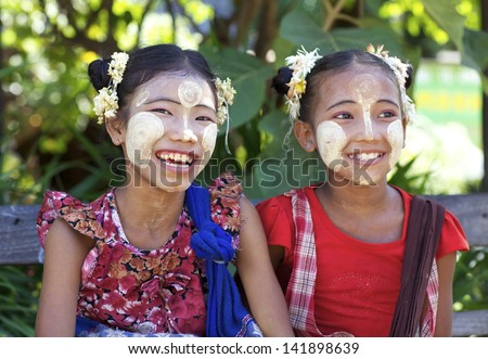 BAGAN MYANMAR OCT 15 Unidentified Burmese children wearing traditional Thanaka face cream in Bagan Myanmar on October 15 2011 Thanaka face cream has been used by Burmese for over 2000 years BAGAN MYANMAR OCT 15 Unidentified Burmese children wearing traditional Thanaka face cream in Bagan Myanmar on October 15 2011 Thanaka face cream has been used by Burmese for over 2000 years