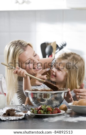mother and daughter having fun in the kitchen while mixing a cake