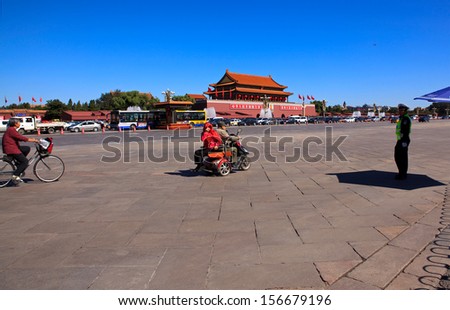 BEIJING-OCT 2: Tiananmen Gate or Gate of Heavenly Peace is seen during National Day holiday on Oct 2, 2013 in Beijing, China.  China\'s celebrates 64th anniversary of founding