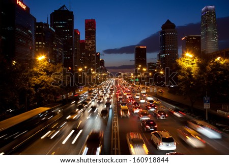 Beijing-Oct19: Traffic Jam In Beijing'S Cbd On Oct 19,2013 In Beijing, China. Vehicle Exhaust Fumes Are Among Beijing'S Top Sources Of Air Pollution, Contributing 22.2%Of Pm 2.5 Particles In The City