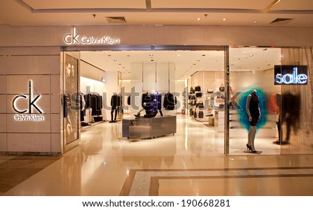 BEIJING, CHINA - JANUARY 2, 2014: Facade of a ck Calvin Klein store; Calvin Klein, Inc. designs and markets women\'s and men\'s designer collection apparel and a range of other products.