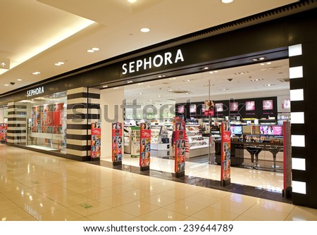 BEIJING, CHINA - NOV. 17, 2014: Sephora store; Sephora is a French brand and chain of cosmetics stores, operates over 1,700 stores in 30 countries generating over $4 billion in revenue as of 2013