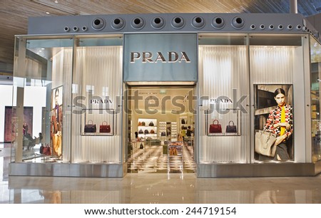 PARIS, FRANCE - NOVEMBER 12, 2014: Prada store at the Paris Charles de Gaulle Airport. Prada Group has a total net sales of 792.3 millions EUR during 3rd quarter of 2014.