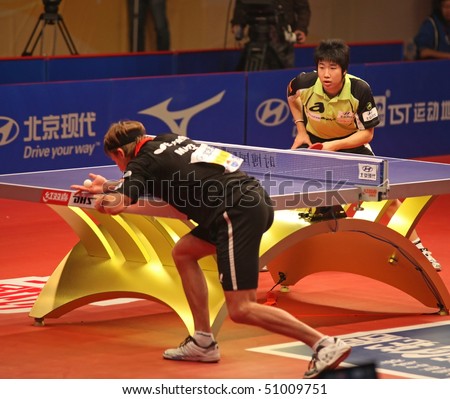 BEIJING - APRIL 15: Michael Maze (DEN) vs Jun Mizutani (JAP)  at the HYUNDAI Asia-Europe All Stars Series event day2 on April 15, 2010 in Beijing, China.