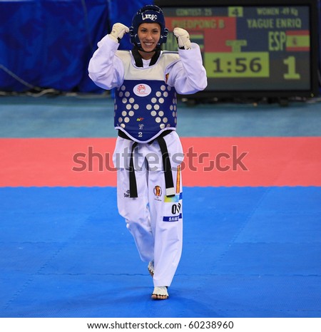 BEIJING-SEP02: Brigida Yague of Spain reacts after winning the -49 kg Women Gold-medal match during the Taekwondo competitions of the SportAccord Combat Games2010 Beijing on Sep02,2010 in Beijing,China