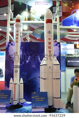 DAEJEON-OCT 13: Mockups of China LM-3B and LM-5 launch vehicles are on display during IAC 2009 Daejeon Space Exhibition at the KOTRA Exhibition Center on Oct. 13, 2009, in Daejeon, Republic of Korea.