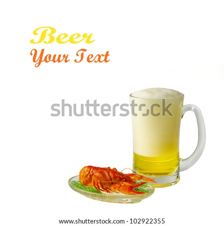 Mug of beer and crayfish isolated on white.Your text.