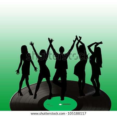 Disco. Silhouette of girls and boys dancing on the black vinyl record
