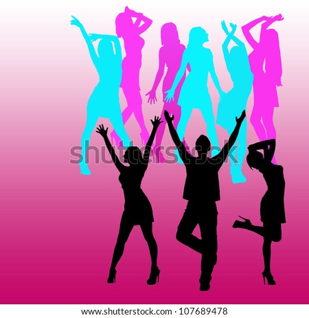 Disco. Silhouette of dancing girls and boys. Pink Green background