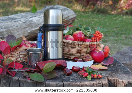 Tourists  equipment . Vacuum flask, knife and basket with apples.