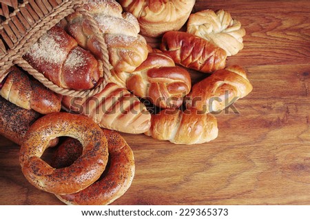Assortment of baked goods on wooden table