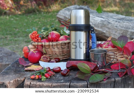 Tourists equipment . Vacuum flask, knife and basket with apples.