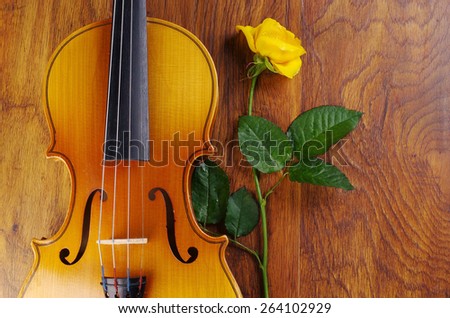 Violin, art palette, brushes and yellow rose