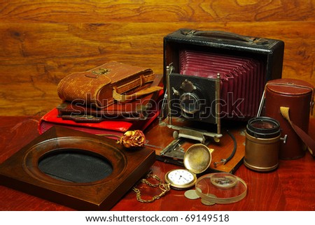 Vintage old  folding camera and accessories