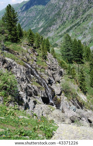 sunny valley with rocks, waterfall and cedars