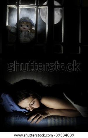 A scary doll outside the window with a girl sleeping