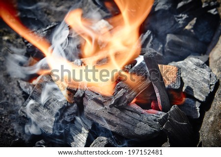 Burning Charcoal in BBQ. Close-up.