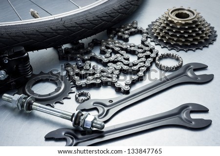 Bike repairing. Spare parts and tools.