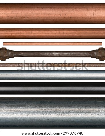 Copper, steel, rusty and painted metal pipes isolated on white background