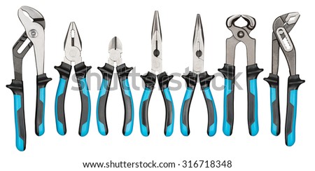 Various pliers, nippers set isolated on white. Tools related to construction, carpentry, repairing works.