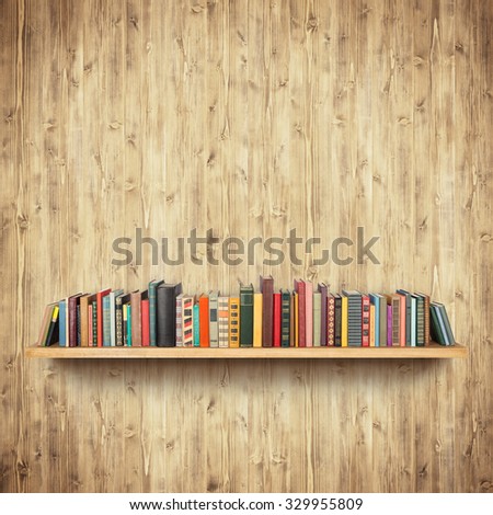 Bookshelf on yellow wooden wall