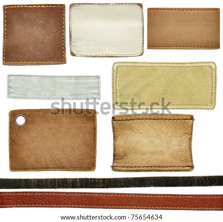 Blank leather, textile jeans labels, straps isolated on white background