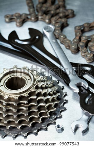 Bike repairing. Spare parts and tools.