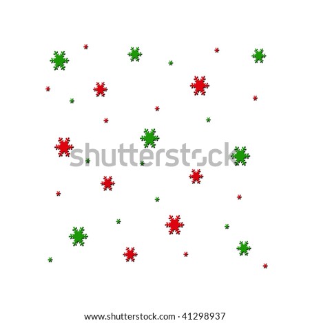 Red and green snowflakes of various sizes in a random pattern on a white background.