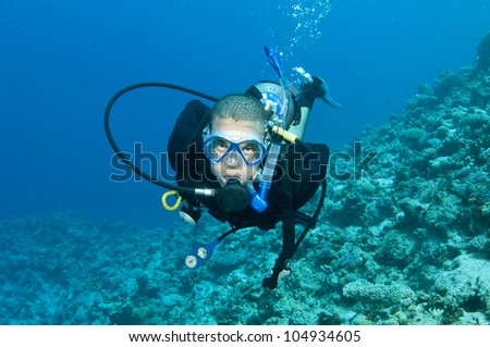 male scuba diver swims in the red sea on a coral reef
