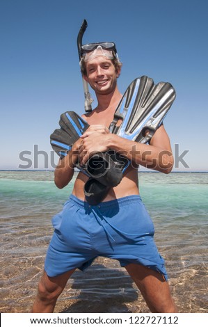 man with snorkel mask and finns