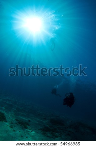 Scuba divers silhouetted by the sun light