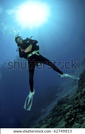 female scuba diver enjoys a dive in the red sea