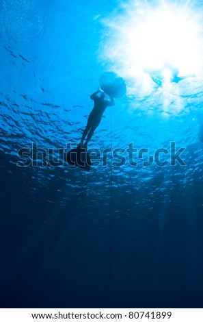 free diver with mono fin silhouetted