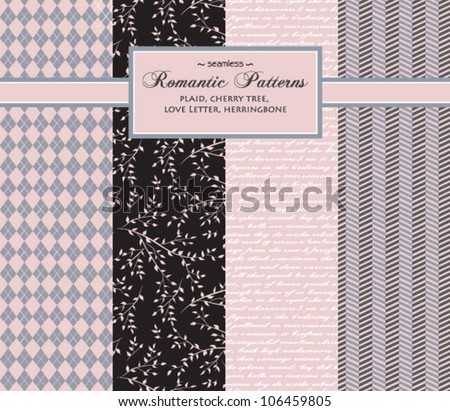 Stylish Romantic Vector Patterns - set of complementary seamless patterns, including argyle plaid, cherry tree, love letter and herringbone, in pink, black, gray and white