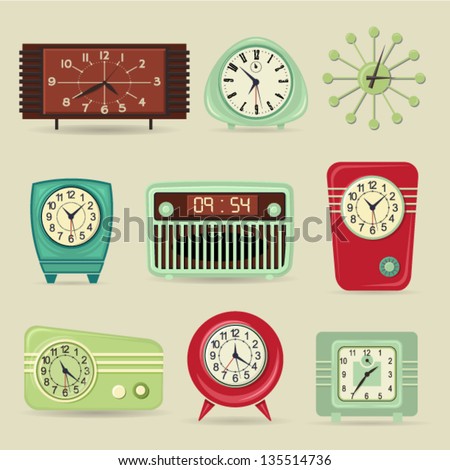 Set of Retro Clocks including alarm and radio clocks Set of Retro Clocks including alarm and radio clocks