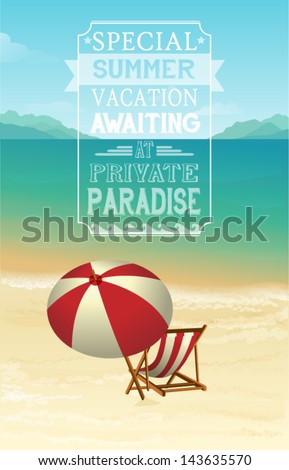 Advertisement For Summer Holidays Seaside Vacation - Poster Advertising Vacation By The Sea, With Lounge Chair And Umbrella On A Sandy Beach