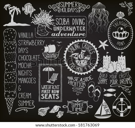 Summer Holidays Chalkboard - Blackboard with summer themed labels, banners, frames and clip art, including ships, sand castle, fish, anchor, beach umbrella and chair, seashells and ice cream