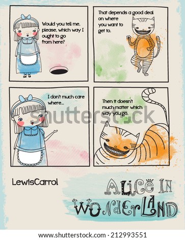 Alice in Wonderland Quotes - Doodle drawing in the comic book style, illustrating a memorable quote from Lewis Carrol's Alice in Wonderland, hand drawn