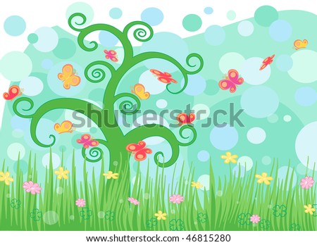 Landscape with summer flowers, butterfly vector