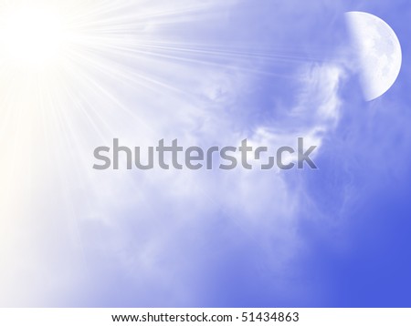 Blue sky is covered by white clouds and bright sun