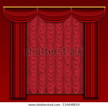 Red Stage curtains with ornate backdrop and wall.