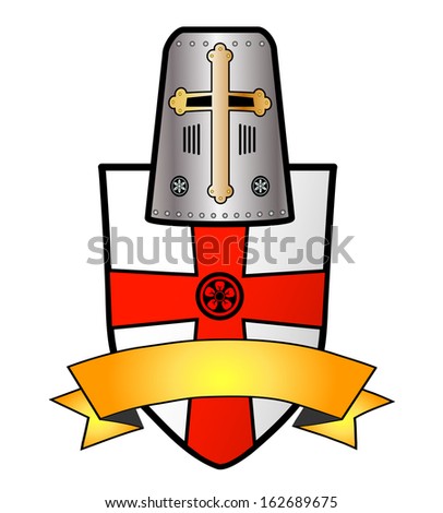 Crusader helmet with cross of st. george shield and blank banner on white background.