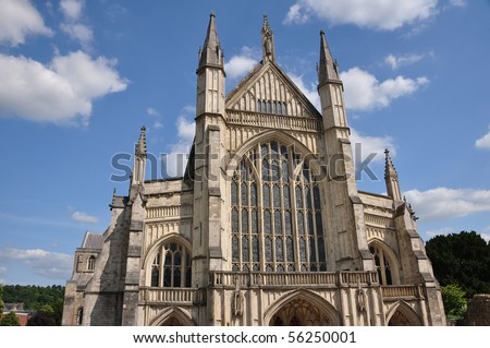Winchester cathedral front facade and spires