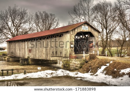 The historic Mull Covered Bridge in rural northwest Ohio. Built in 1851 the bridge measures 100 feet in length.